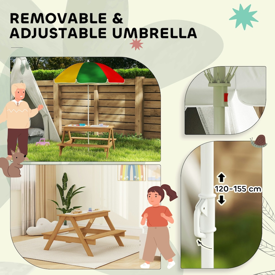 image 1 of AIYAPLAY Wooden Kids Picnic Table, Sand and Water Table w/ Benches, Parasol