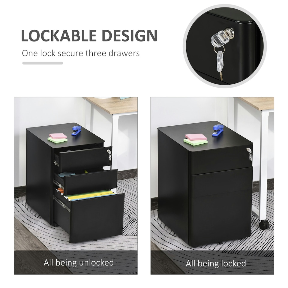 image 1 of Vinsetto 3 Drawer Metal Filing Cabinet Lockable 5 Wheels Under Desk Black