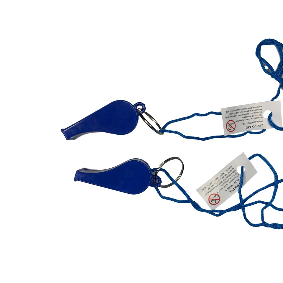 image 1 of Bag of 100 Blue Plastic Whistles with Lanyard Neck Cord
