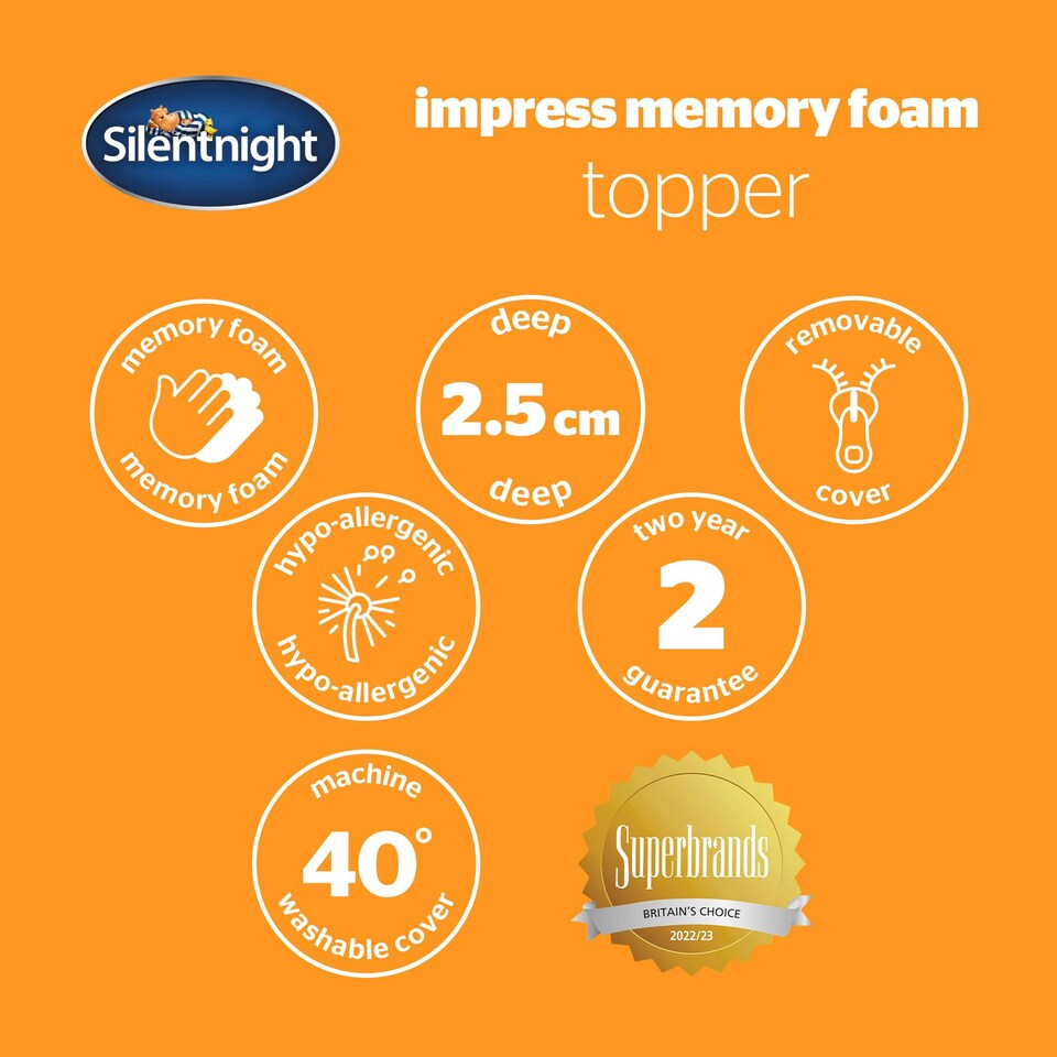 image 1 of Silentnight Impress 2.5cm Thick Memory Foam Mattress Topper, Hypoallergenic, Orthopedic, King