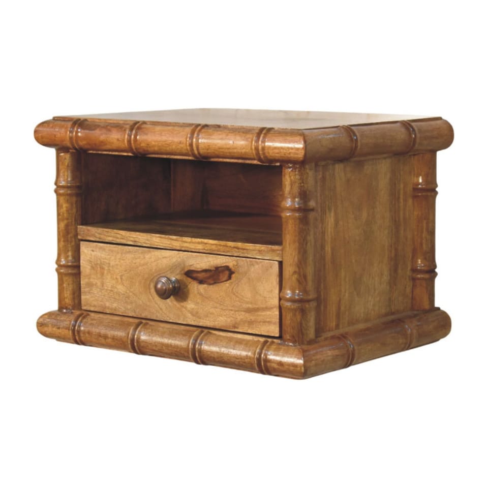 image 1 of Artisan Furniture Solid Wood Bamboo Open Bedside in Amber Oak Finish, 1 Drawer & 1 Shelf, Brown