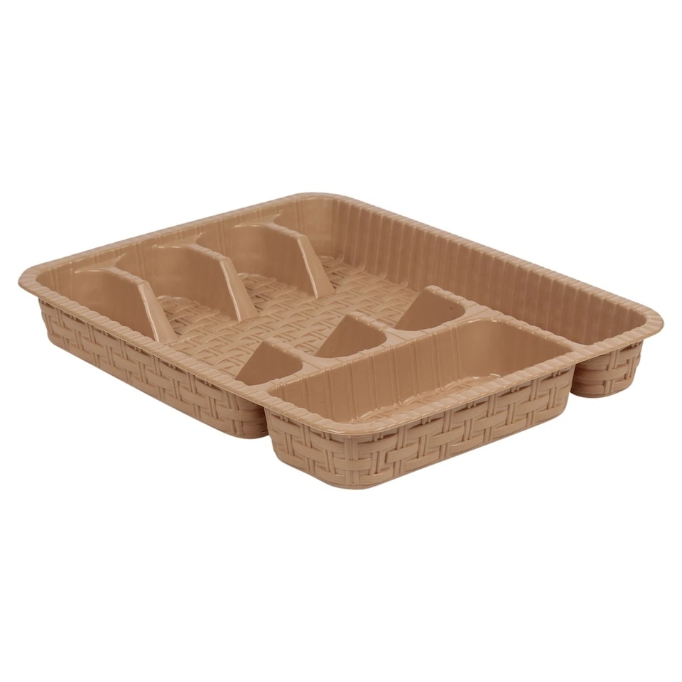 image 1 of Plastic Woven Rattan Cutlery Utensils Holder Flatware Drawer 5 Section Organiser | Multi | Beige