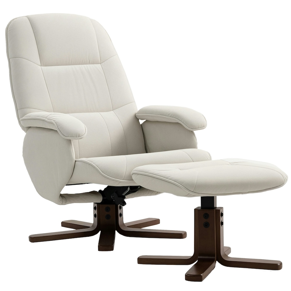 image 1 of HOMCOM Swivel Recliner Chair with Footstool and Wooden Base, Beige Cream