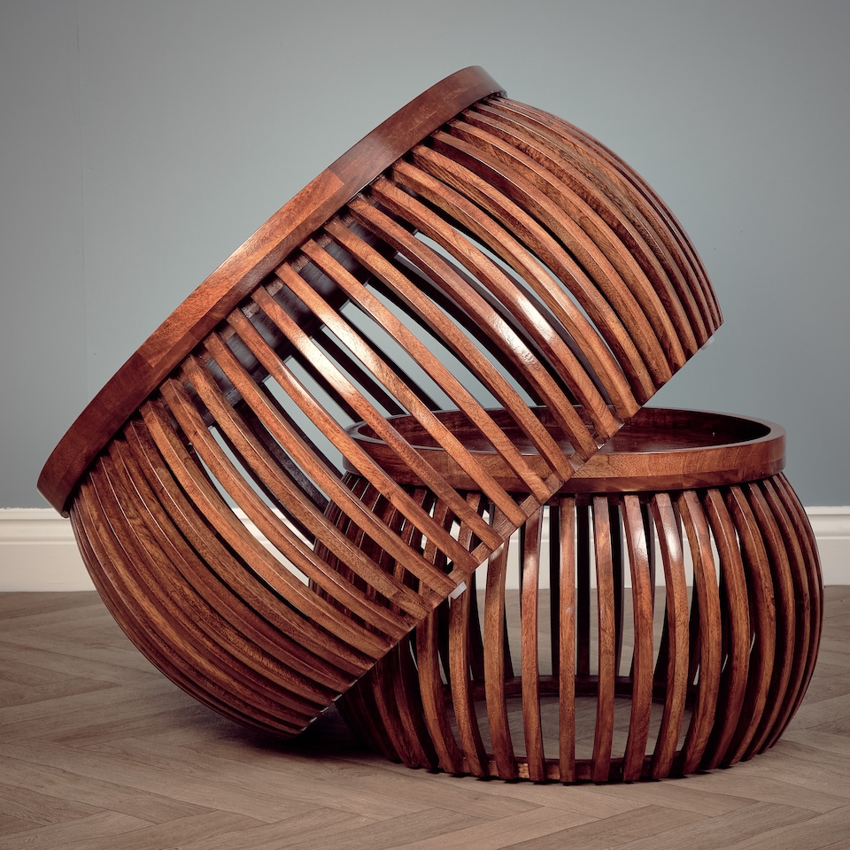 image 1 of Set of 2 Solid Mango Wood Round Coffee Tables – Medium Oak Finish Nesting Living Room Tables, Fully Assembled Rustic Modern Drum Style Side Tables, No Veneer Wooden Accent Furniture