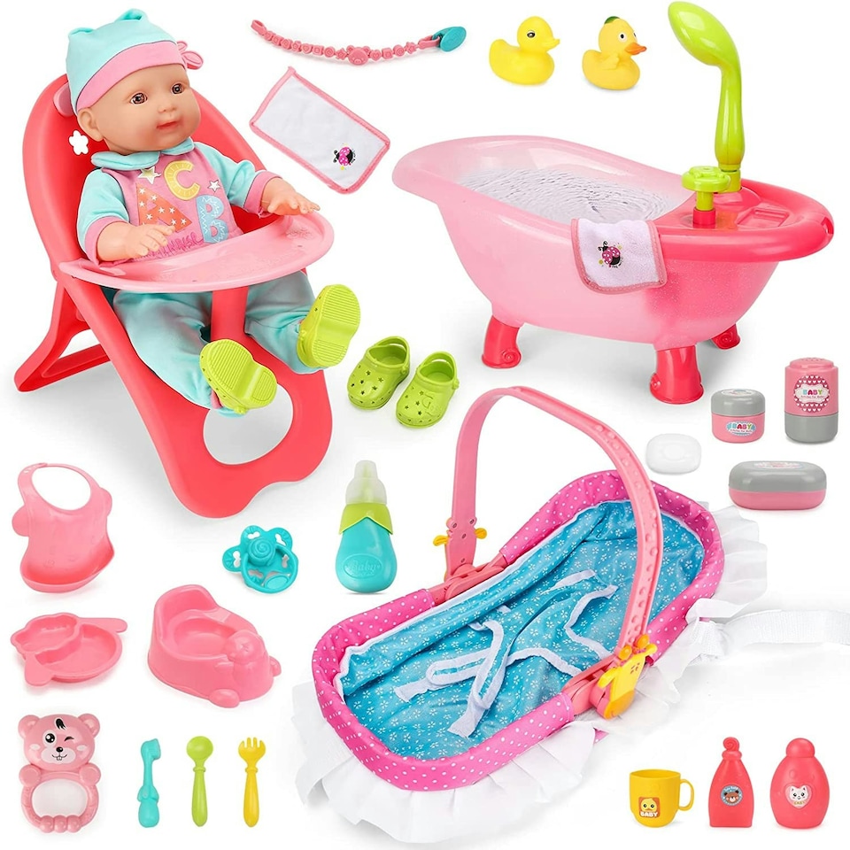 image 1 of 14" Baby Doll Play Set with 25 Pieces – Includes High Chair, Bath, Crib, Feeding Accessories and Portable Carrier