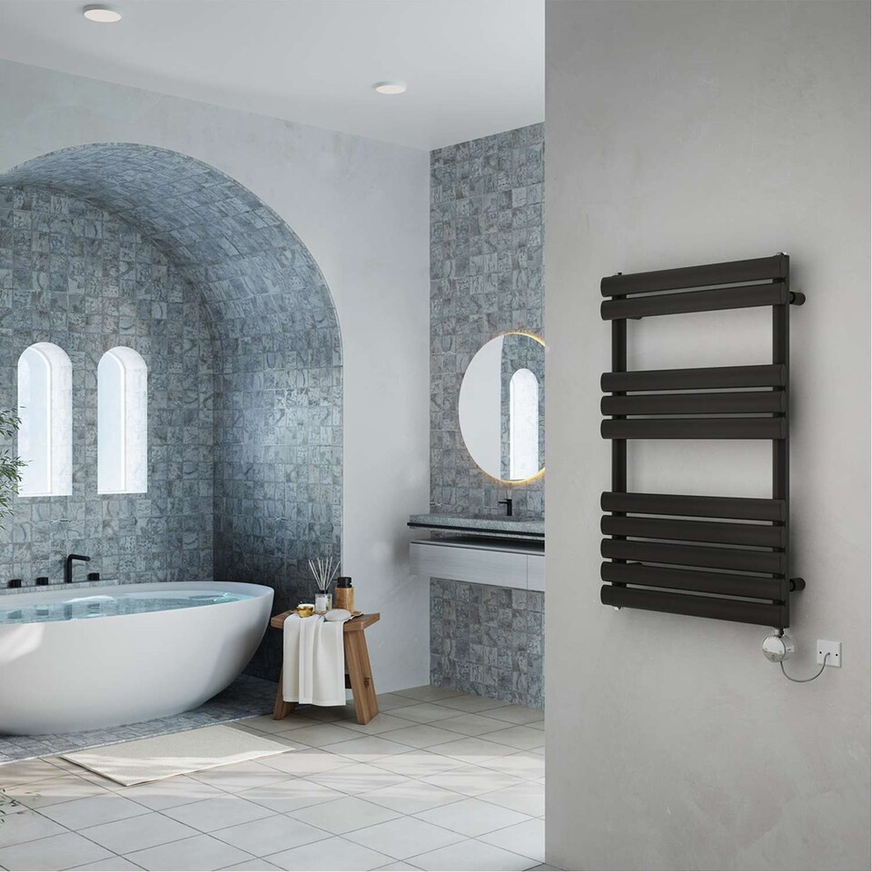 image 1 of Omeara - Black Electric Towel Rail H825mm x W500mm 300w Thermostatic