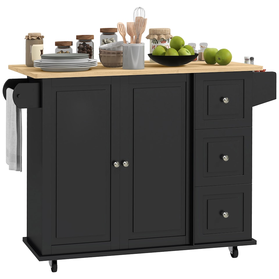 image 1 of HOMCOM Kitchen Island on Wheels, Kitchen Cart with Drop Leaf, Black