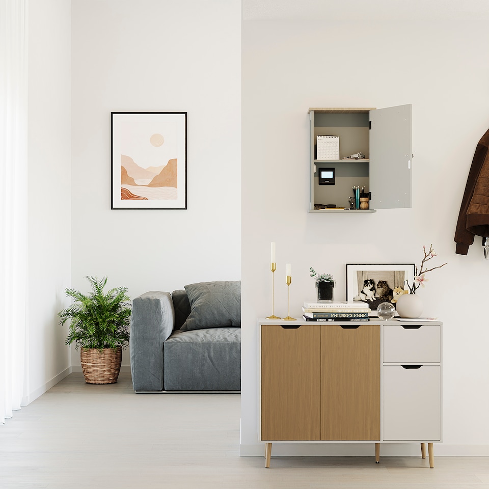 image 1 of Bath Vida Priano 1 Door Mirrored Wall Mounted Bathroom Cabinet, Grey & Oak | Grey | Grey & Oak | 1