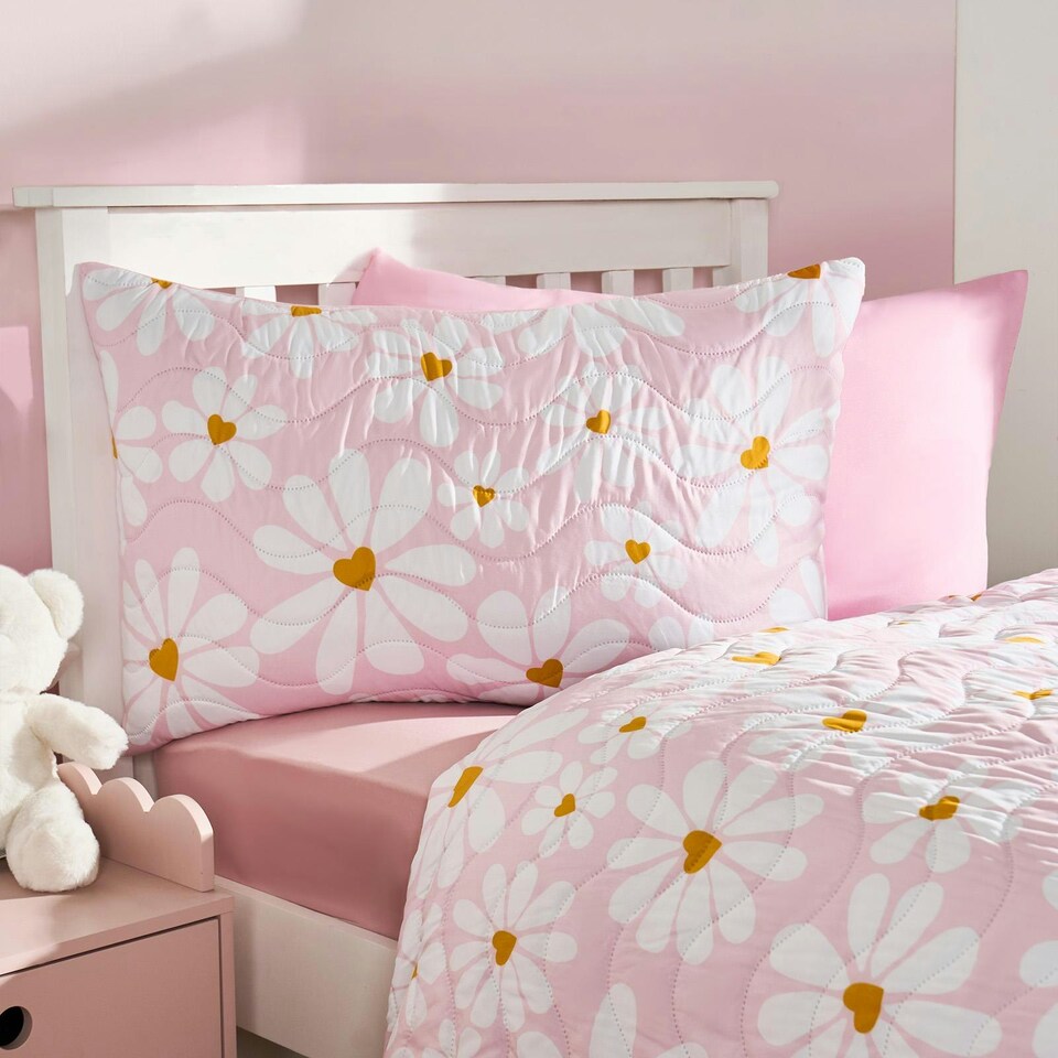 image 1 of OHS Kids Daisy Print Pinsonic Duvet Cover and Pillowcase Set, Single - Pink