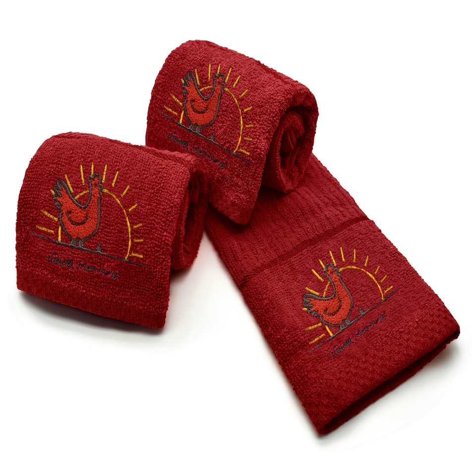 image 1 of Velosso Chicken Embroidered Cotton Tea Towel 3 Pack | Red | Red | One size