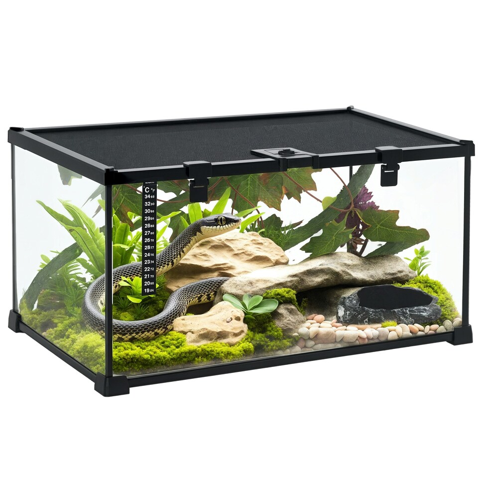 image 1 of PawHut Glass Reptile Terrarium with Thermometer, Decor Kit, Heated - Black