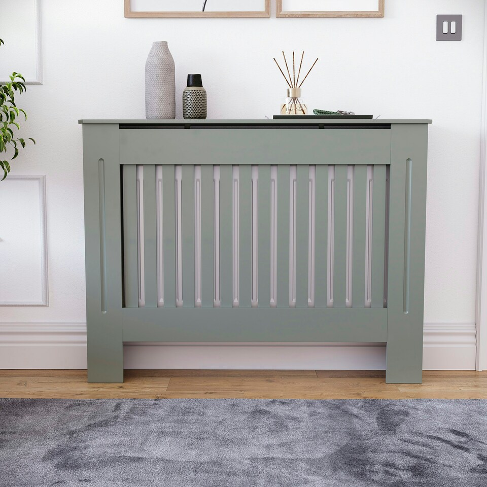 image 1 of Vida Designs Chelsea Radiator Cover Painted MDF Slatted Cabinet, Grey, 112cm