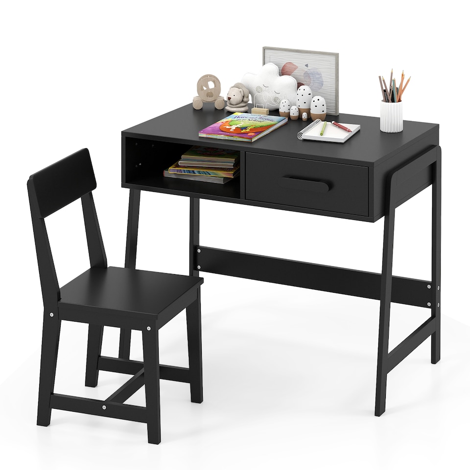 image 1 of COSTWAY Kids Desk and Chair Set with Drawer Black