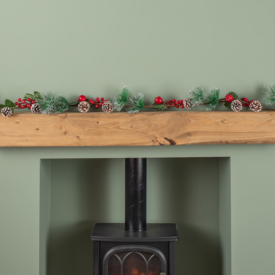 image 1 of 1.5m Christmas Berry Garland with Pinecones and Silver Glitter Tips