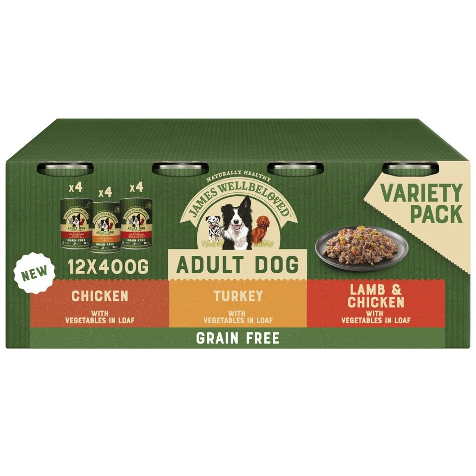 image 1 of James Wellbeloved Grain Free Adult Wet Dog Food Tins Turkey, Lamb & Chicken 12 x 400g