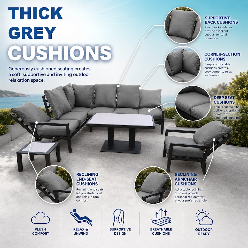 image 1 of Monte Carlo 7 Seater Aluminium Reclining Corner Garden Sofa Set with Gas Lift Table, Armchair & Grey Cushions