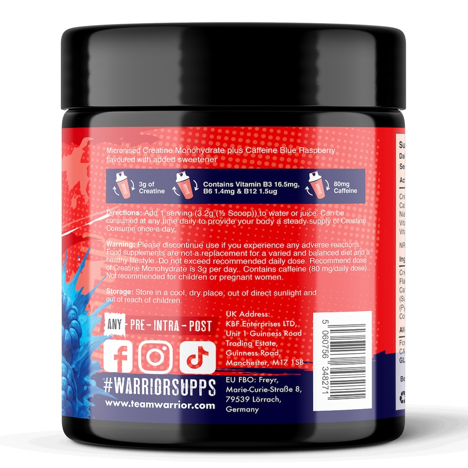 image 1 of Warrior Creatine + Energy – 3g Creatine, 80mg Caffeine & B-Vitamins for Strength, Focus & Stamina – Blue Razz, 360g (112 Servings)