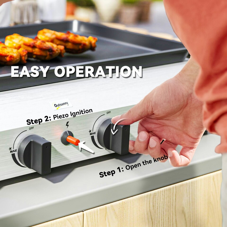 image 1 of Outsunny Gas Grill, Gas BBQ with Non-Stick Griddle for Camping, Silver Tone