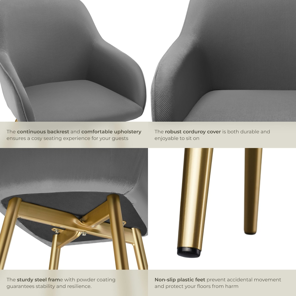 image 1 of Dining Chair Marilyn - corduroy look, upholstered, armchair, continuous backrest - Set of 4 Grey | Grey/Gold