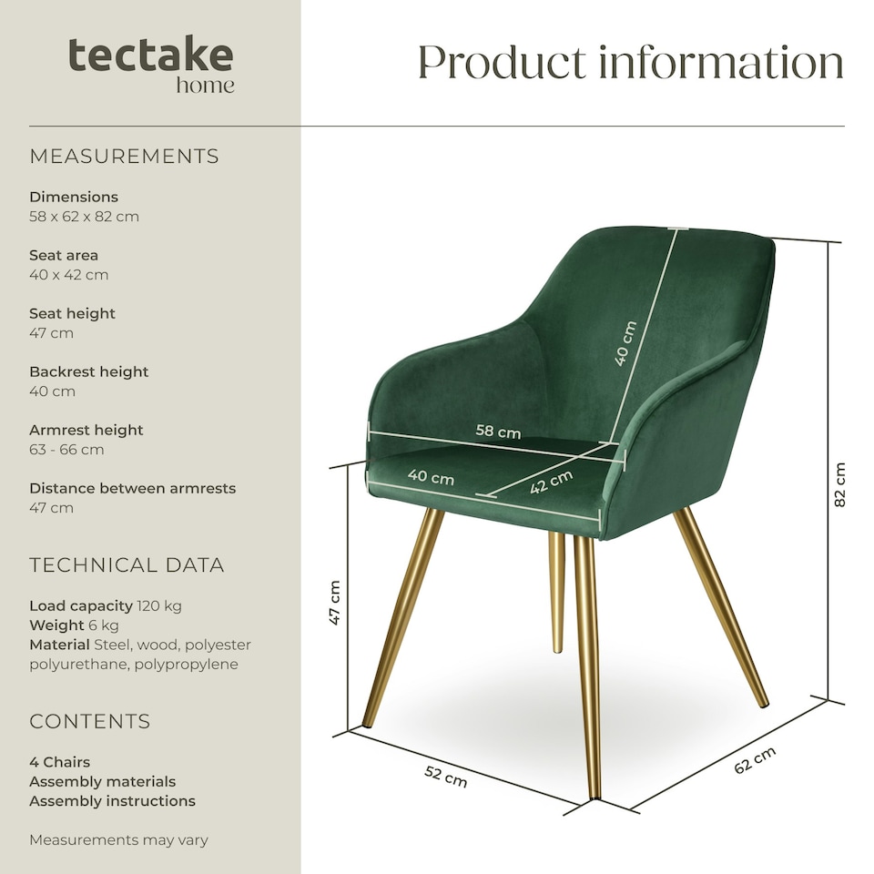 image 1 of Chair Marilyn - with armrests, padded, velvet look, golden steel legs - Set of 4 Green | Dark Green/Gold