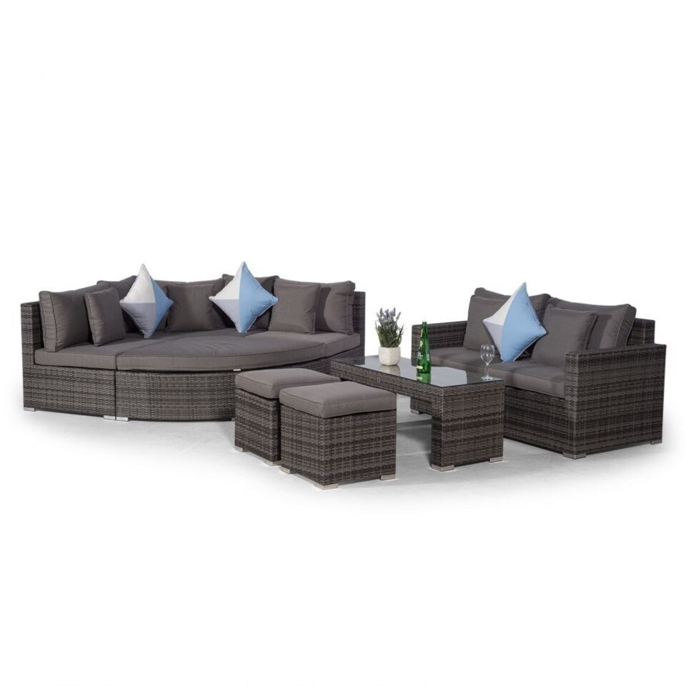 image 1 of Santorini L Shape Modular 5 Seat Rattan Corner Sofa Set With Daybed Ottoman, Large Coffee Table & 2 Stools Grey | Grey
