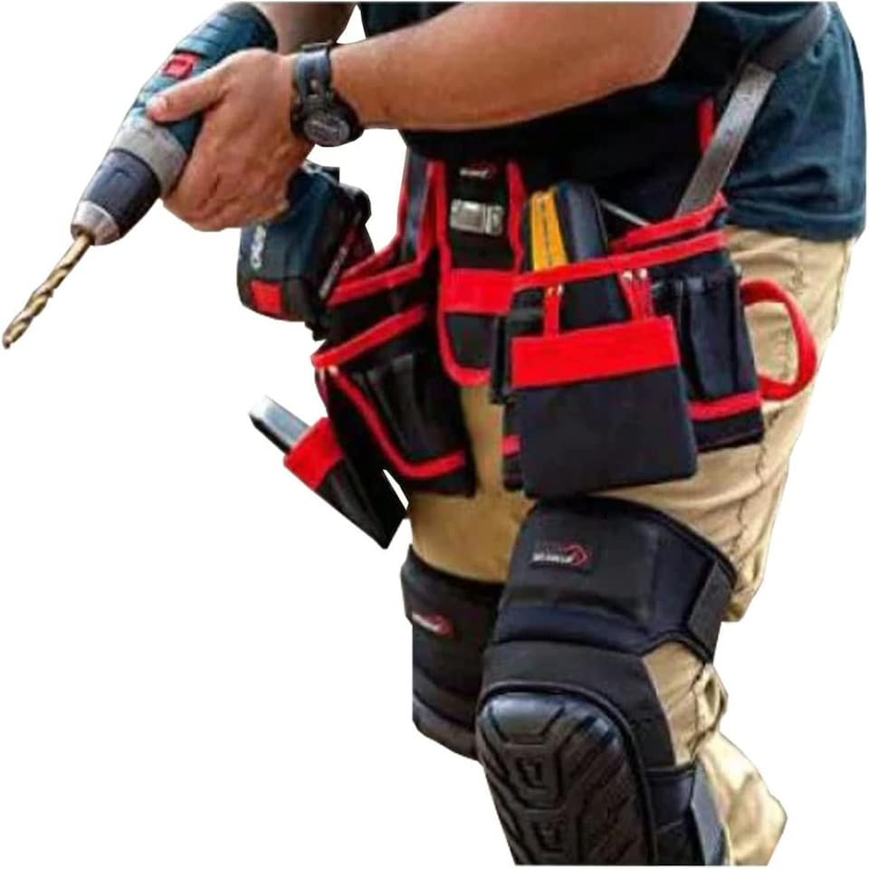 image 1 of SPARES2GO 20 Pocket Double Tool Belt Heavy Duty Joiners Carpenter Builders Nails Pouch