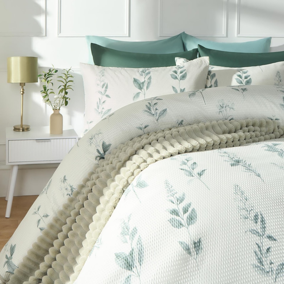 image 1 of OHS Botanics Embossed Bedding Set Waffle Duvet Cover with Pillowcase | Green | Super King