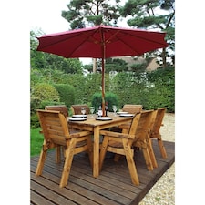 Traditional Six Seater Rectangular Table Set With 6 x Burgundy Chair Cushion 1 x Burgundy Parasol & Base & Cushion Storage Bag