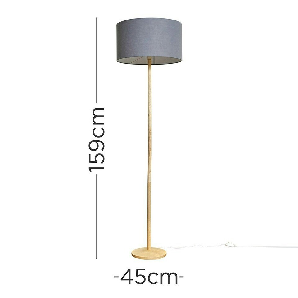 image 1 of ValueLights Single Stem Natural Light Wood Floor Lamp With Dark Grey Drum Shade