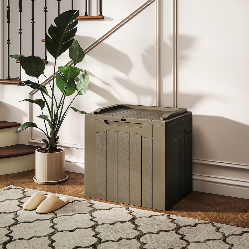 image 1 of HOMCOM 107L Outdoor Balcony Garden Furniture Storage Box with Lock Hole, Plastic Storage Trunk with Lid and Side Handles, All Weather Resistant Large Chest, Safe and Secure for Patio, Dark Brown | Brown | Dark Brown