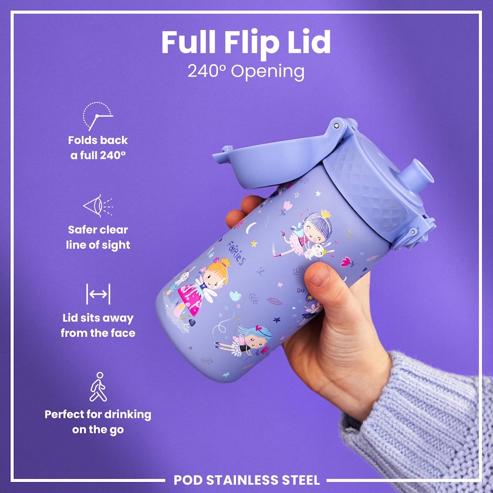 image 1 of Leak Proof Kids Water Bottle, Stainless Steel, 400ml (13oz) | Purple | Fairies | One Size