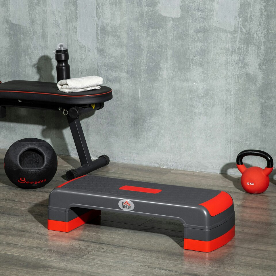 image 1 of HOMCOM Aerobic Step Three-Level Adjustable Exercise Stepper, Grey and Red