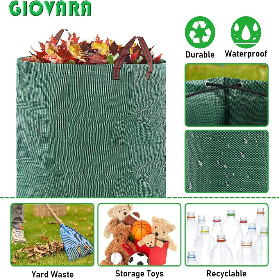 image 1 of 2 x 500L Garden Waste Bags GIOVARA Waterproof Heavy Duty, Waterproof, Foldable, Reusable Garden Waste Bags