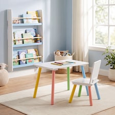 Rainbow Table and Chair & Bookshelf Set - White & Blue
