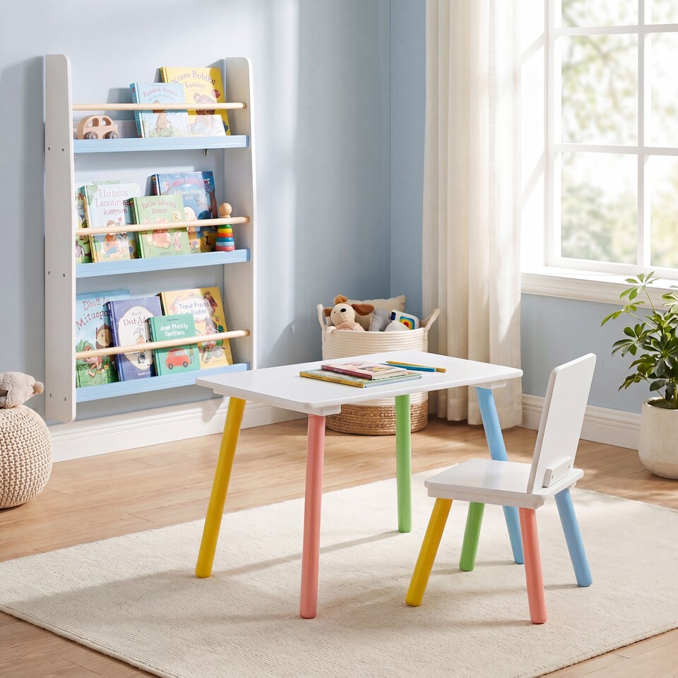 image 1 of Rainbow Table and Chair & Bookshelf Set - White & Blue