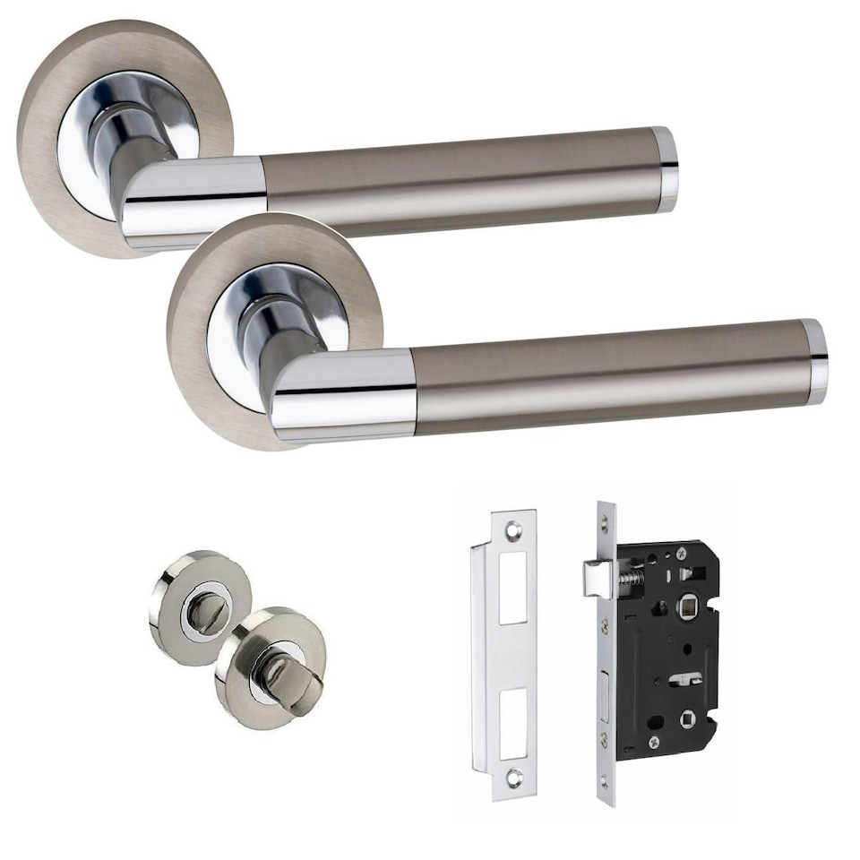 image 1 of Golden Grace Mitred Design Bathroom WC Toilet Door Handles Set on Round Rose in Satin Nickel Polished Chrome Finish with 64mm Mortise Lock and Thumbturn | Grey | 1 Set