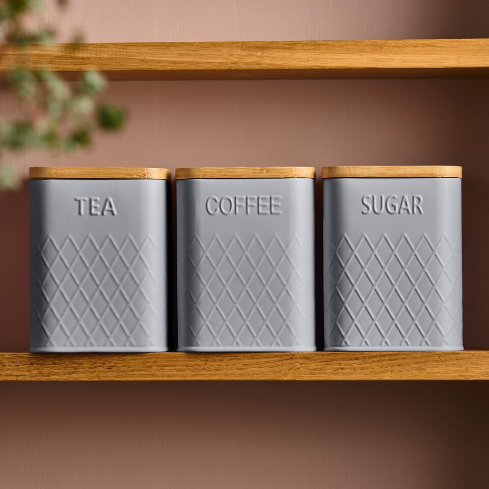 image 1 of Cooks Professional 3-Piece Square Tea Coffee Sugar Kitchen Storage Bins with Bamboo Lids | Grey | Grey | 3