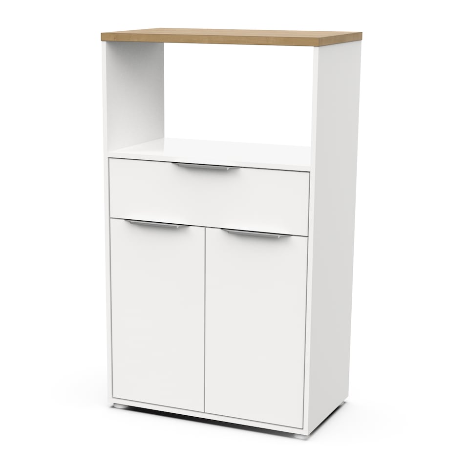 image 1 of FURNICOMP Luna Tall Freestanding Kitchen Pantry Cupboard with Microwave Shelf - Matt White & Hamilton Oak