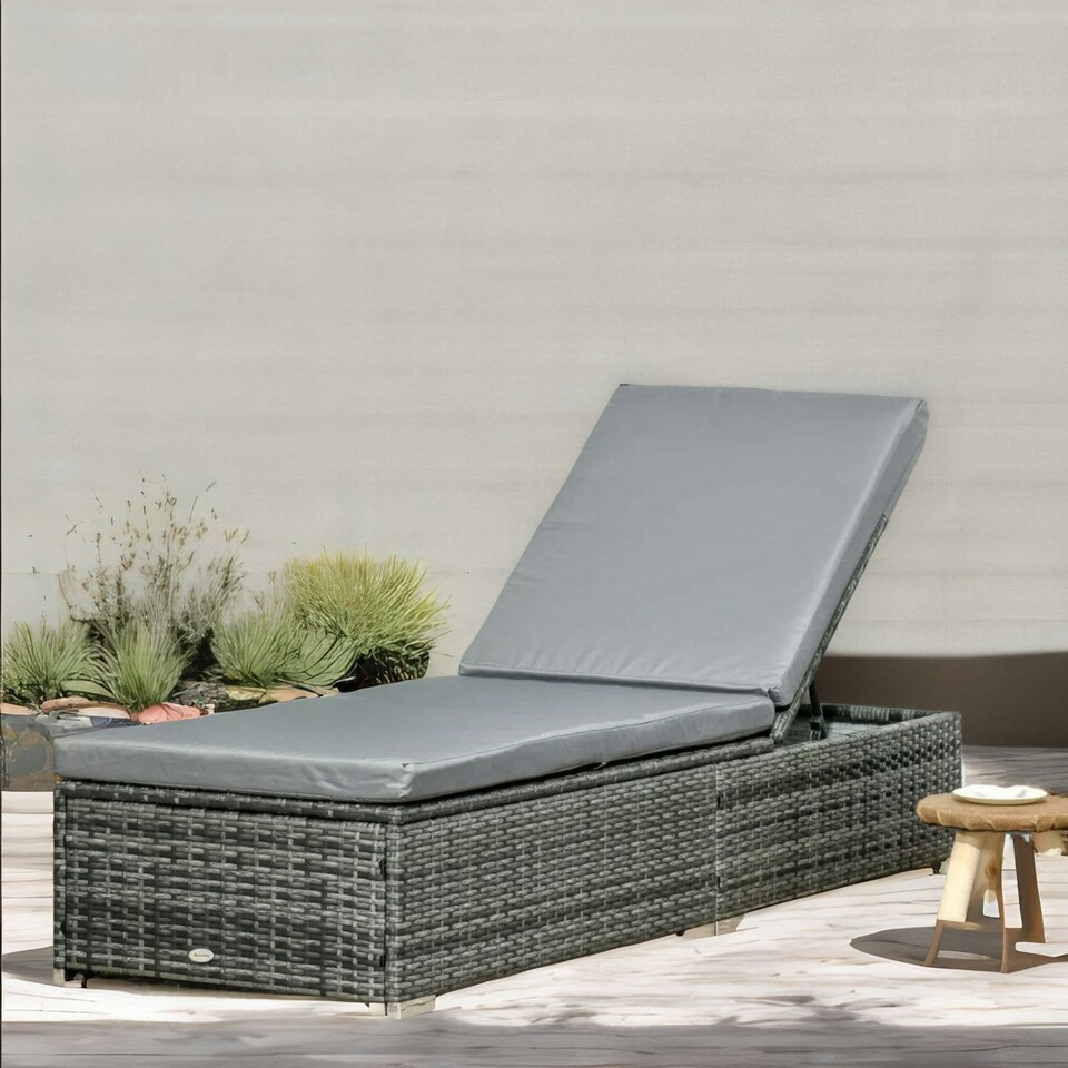 image 1 of Rattan Sun Lounger For Garden Reclining Deck Bed With Cushion Grey Grey