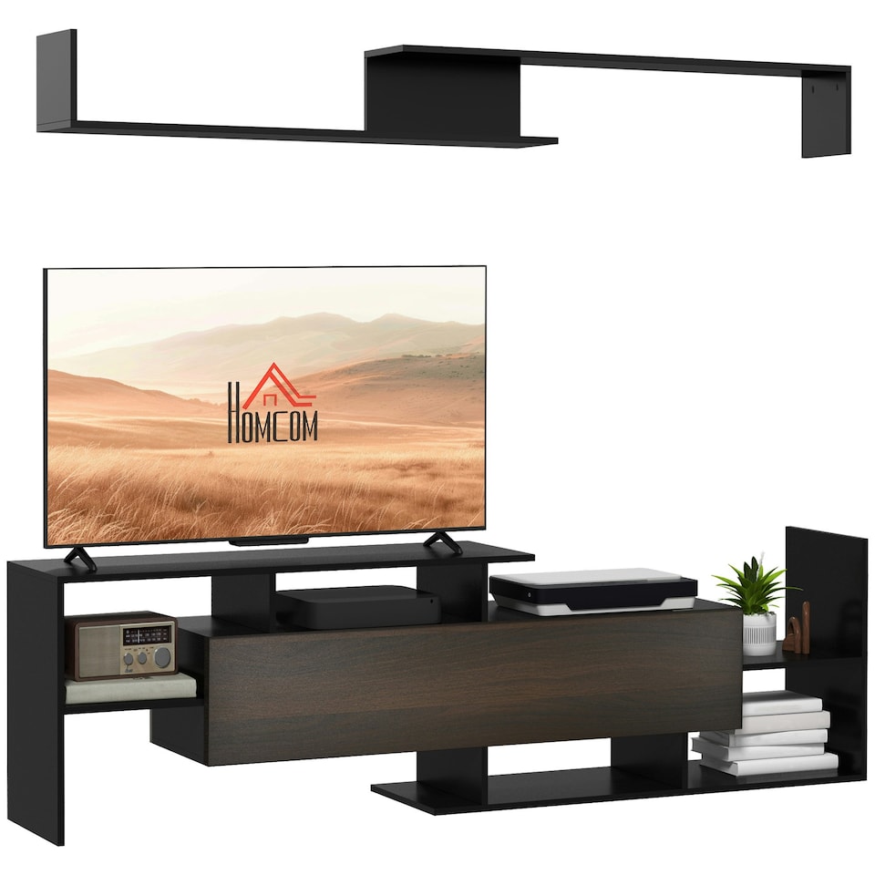 image 1 of HOMCOM TV Cabinet Unit w/ Wall-Mounted Shelf, Open Shelves Black and Brown White