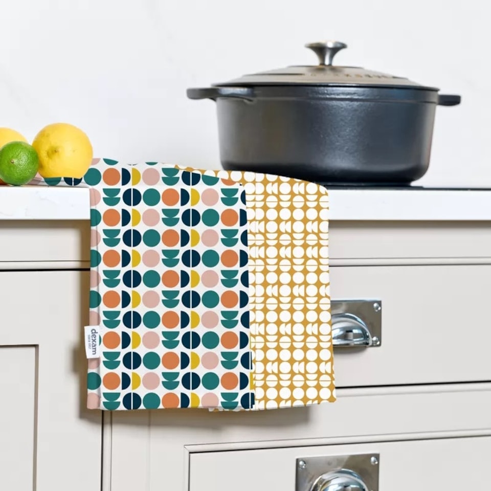 image 1 of Retro Spot Recycled Cotton Set of 2 Tea Towels - Teal | Multi