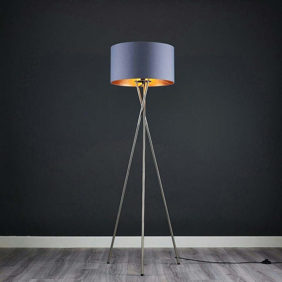 image 1 of ValueLights Camden Brushed Chrome Tripod Floor Lamp Grey Copper Shade and Bulb