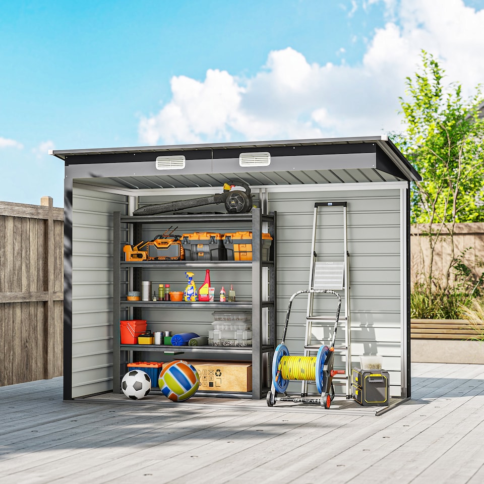 image 1 of Outsunny 8 x 4FT Garden Shed, Galvanised Metal Shed, Easy to Assemble, Outdoor Tool Storage Shed with Pent Roof, Lockable Door and 2 Vents, Grey