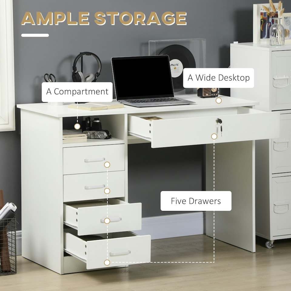 image 1 of HOMCOM Computer Desk Writing Desk with Five Drawers for White