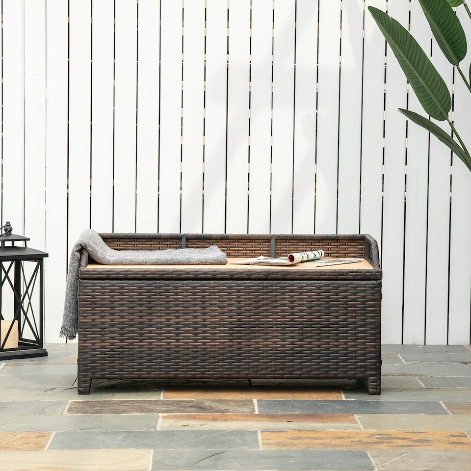 image 1 of Outsunny Rattan Outdoor Storage Bench with Aluminium Frame, Mixed Brown