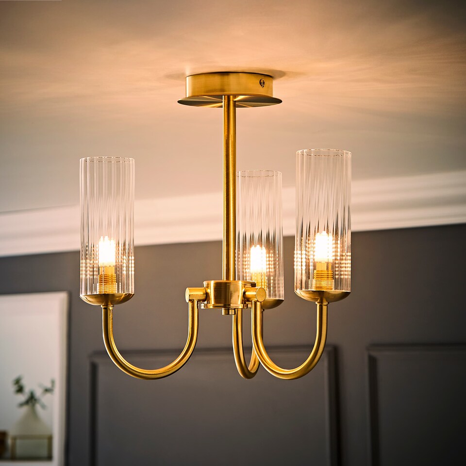 image 1 of ValueLights Canya 3 Way Gold Ceiling Light Clear Ribbed Shades & Bulbs | Gold