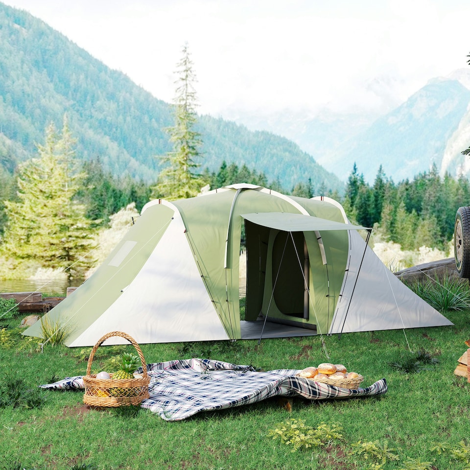 image 1 of Outsunny 4-6 Man Camping Tent with 2 Bedroom and Living Area, Green, White Green | Green and White