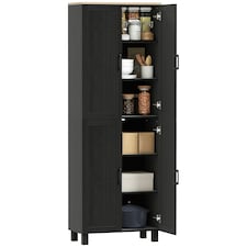 HOMCOM Modern Kitchen Cupboard Storage Cabinet with 4 Shelves, Black Black | Natural wood top