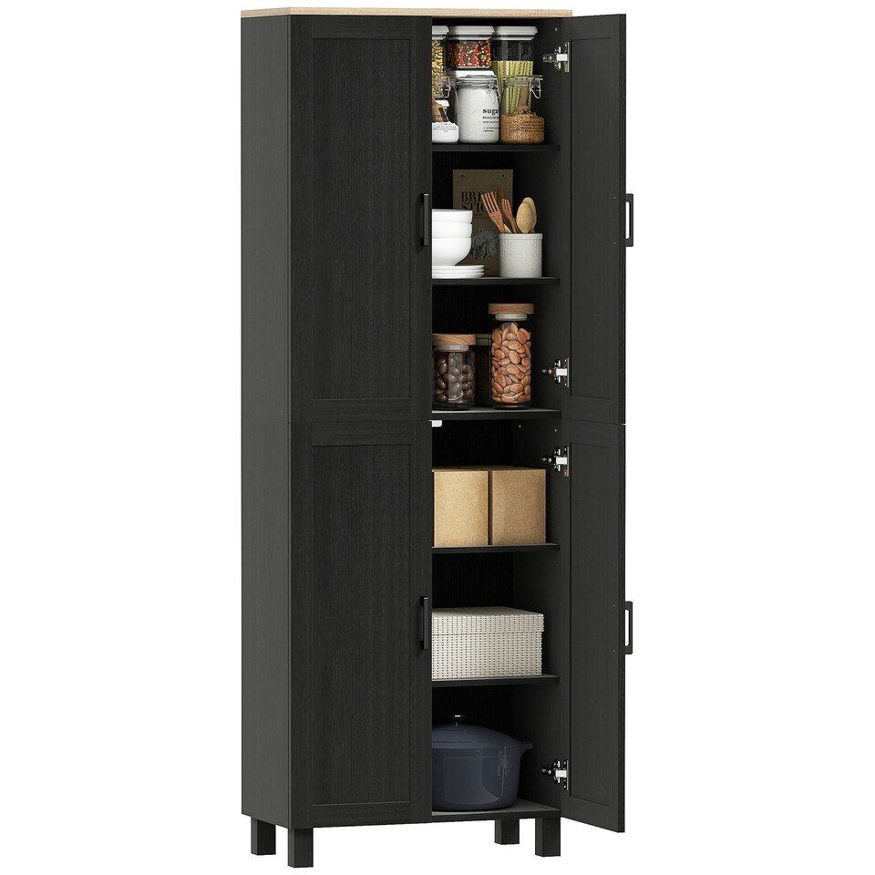 image 1 of HOMCOM Modern Kitchen Cupboard Storage Cabinet with 4 Shelves, Black Black | Natural wood top