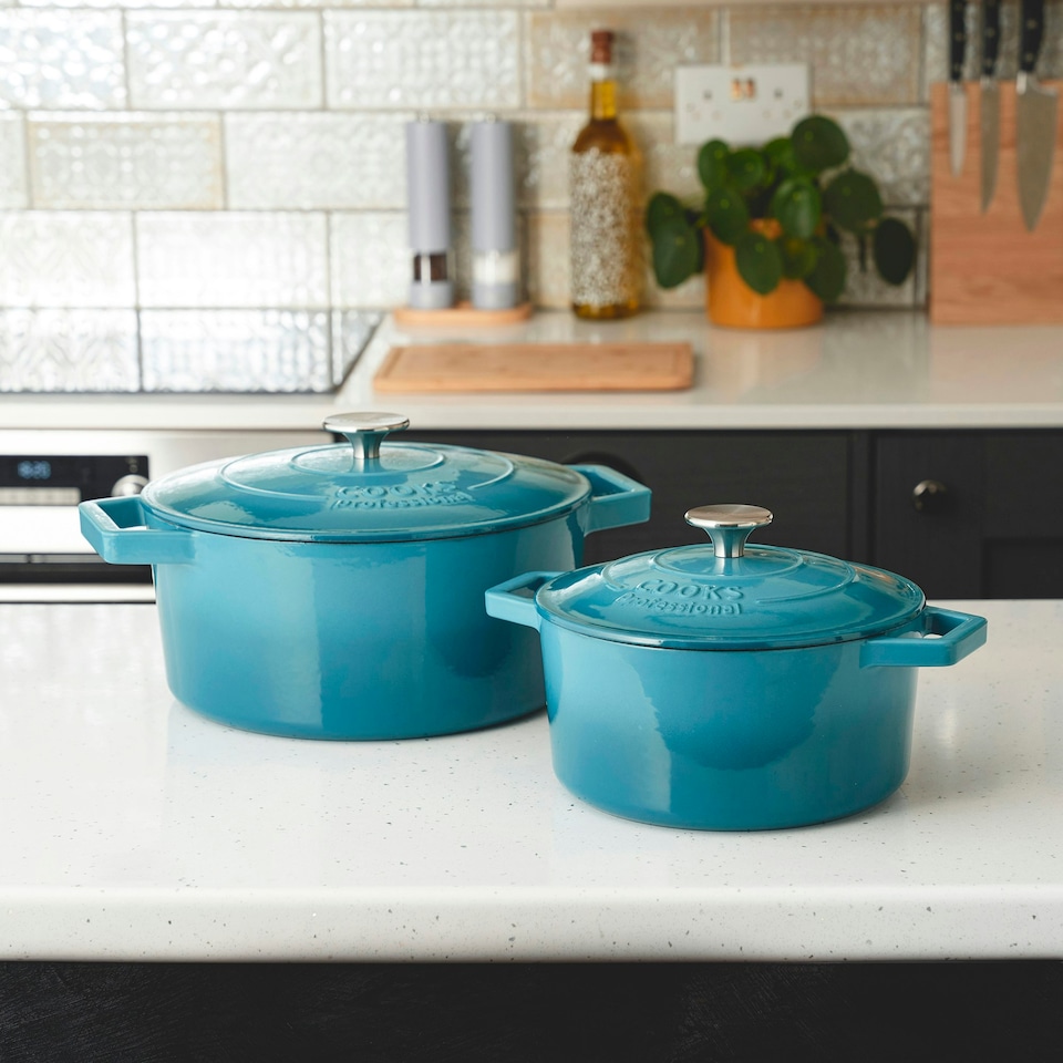 image 1 of Cooks Professional Cast Iron Casserole Set of 2 | 20cm and 26cm | Enamelled Inside and Out | Graduated Teal